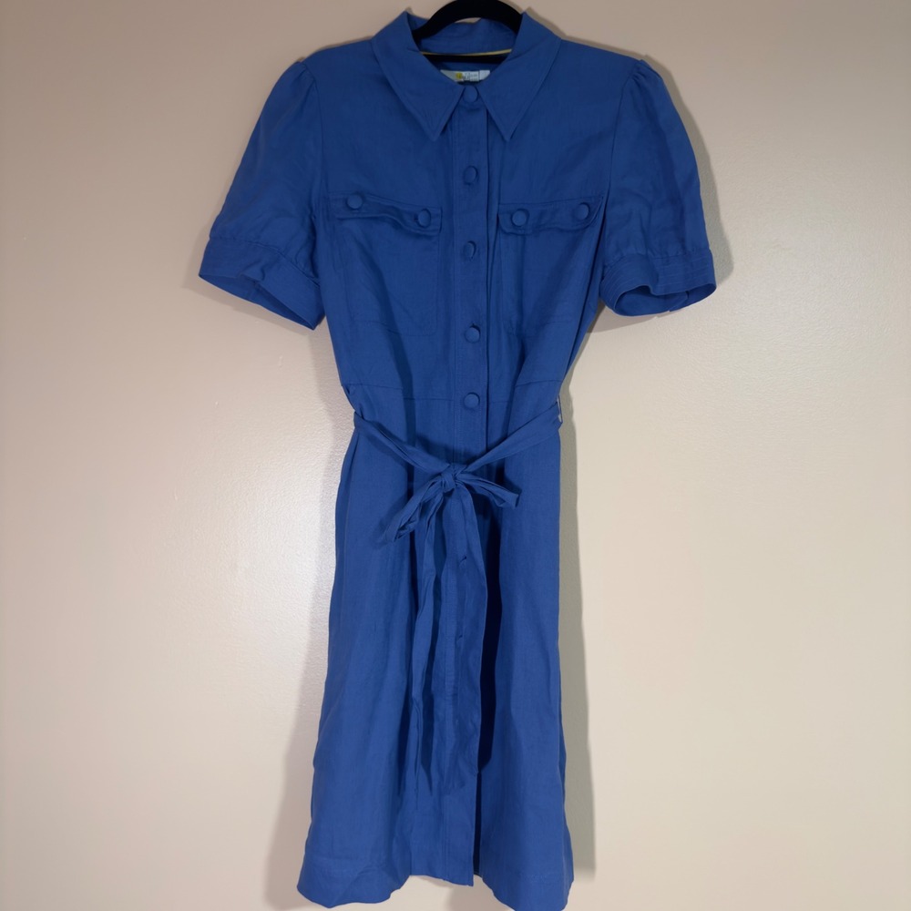 Boden Carrie Linen Shirt Dress Blue Short Sleeve Button Front US 10L W0749 - Picture 1 of 9